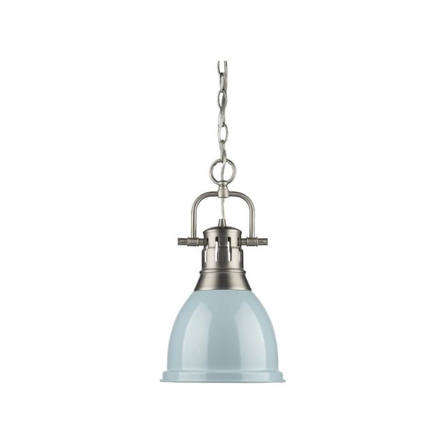 Golden Lighting 3602-S PW-SF Duncan 9 Inch Pendant with Chain In Pewter with Seafoam Shade